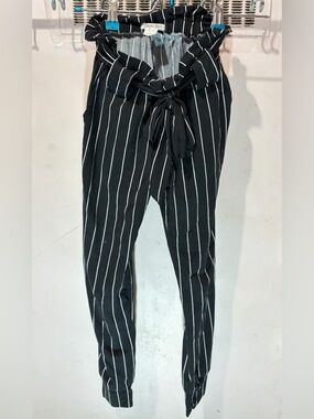 Girls' Black Striped Paperbag Waist Jogger Pants